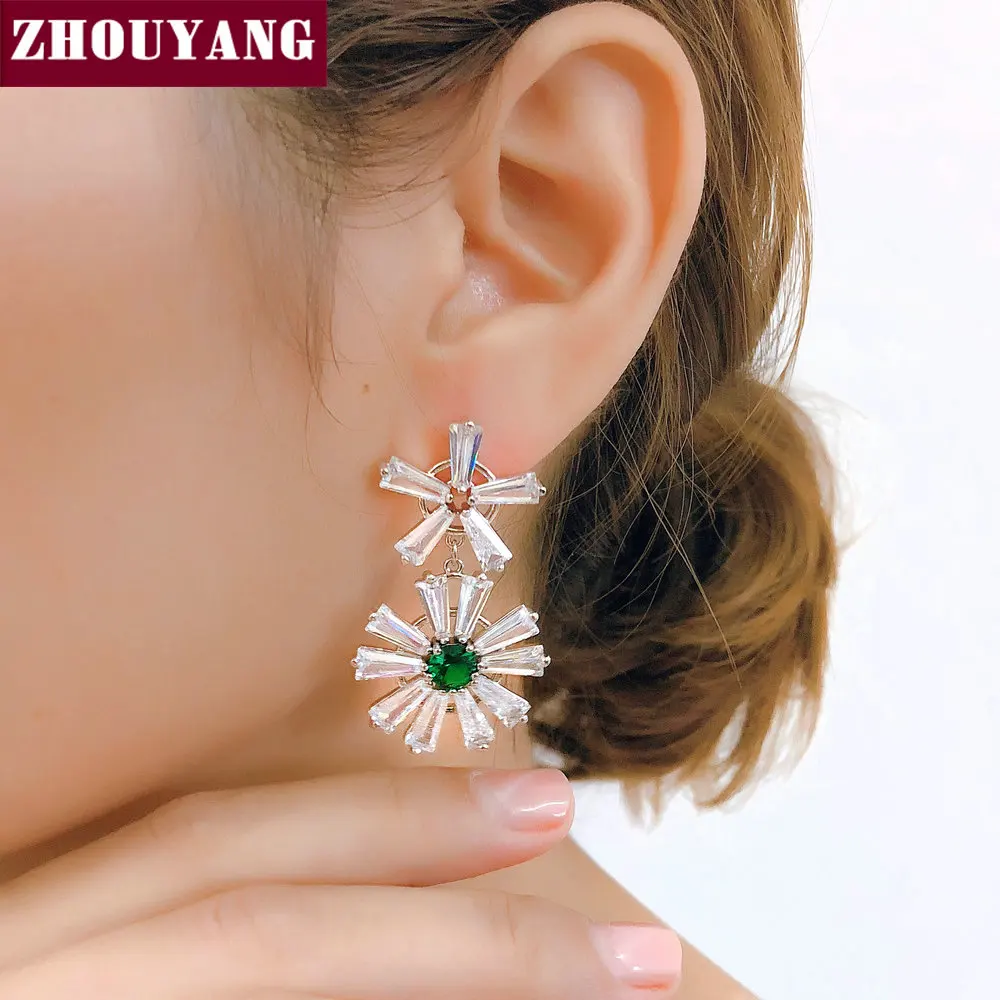 ZHOUYANG Drop Earring For Women Elegant Style Two-color Flower Cubic Zirconia Silver Color Birthday Gift Fashion Jewelry E148