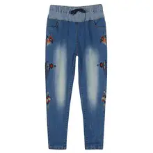 2XL-6XL джинсы 2017 весной большой большой размер вышивки эластичный пояс джинсы женские Лодыжки Длины Брюки был тонкий Широкую Ногу джинсы wj504