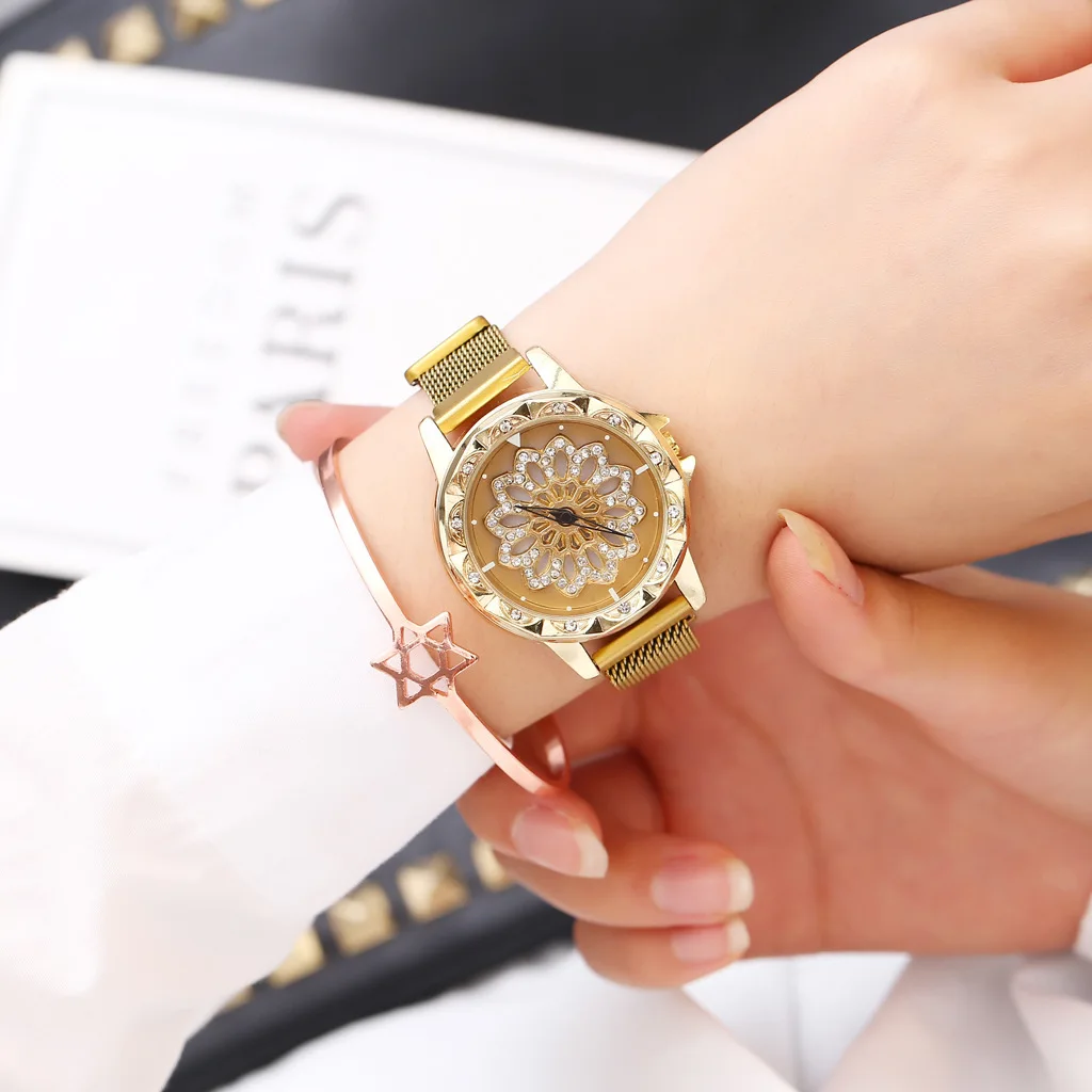 Тренд вращающиеся часы для женщин модные магнитные фиолетовые часы reloj mujer женские роскошные кварцевые наручные часы с кристаллами женские часы