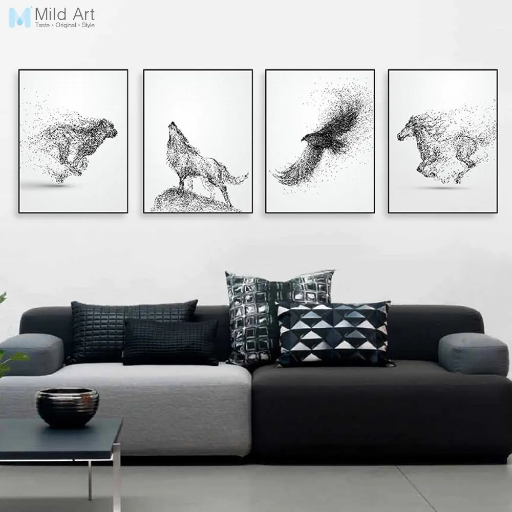 Hitam Tinta Putih Liar Hewan Kuda Eagle Serigala Poster Nordic