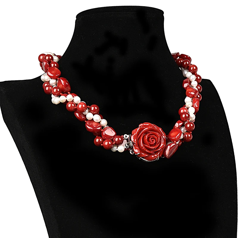 

Bright Red and milk white spiral circular gem rose Natural Red Coral or Pearl necklace, the United States makes a person wed