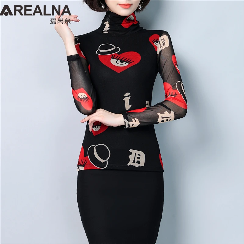

See Through Mesh Top Women Sexy Shirt Korean Style Turtleneck T Shirt Woman Slim Print Funny Hippie Heart Eye Graphic Tees Femme