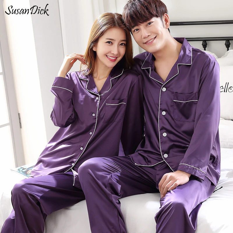 SusanDick 2018 Pijama пара осень зима шелковые пижамы набор атласные с длинным рукавом Для