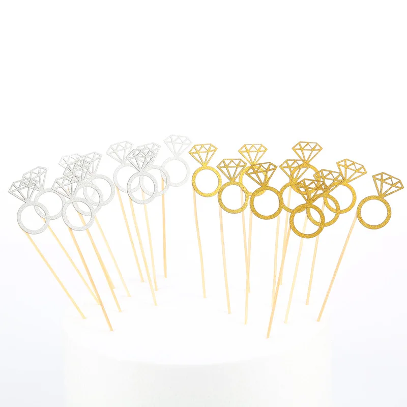 10Pcs/pack Gold Glitter Diamond Ring Cupcake Toppers Wedding Cake Topper Decor Wedding Ceremony Birthday Party Decor Supplies,Q