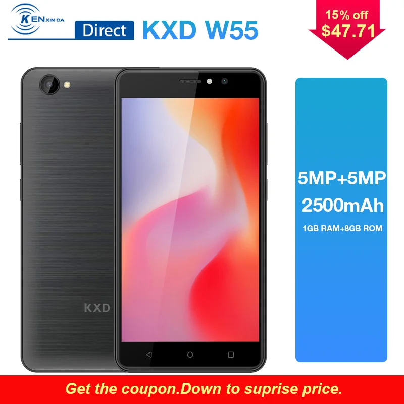KXD W55 3g сотовый телефон 5 &quotMT6580A 1 GB + 8 4 ядра Andriod6.0 Dual Sim 2500 mAh Батарея 720*1280 пикселей
