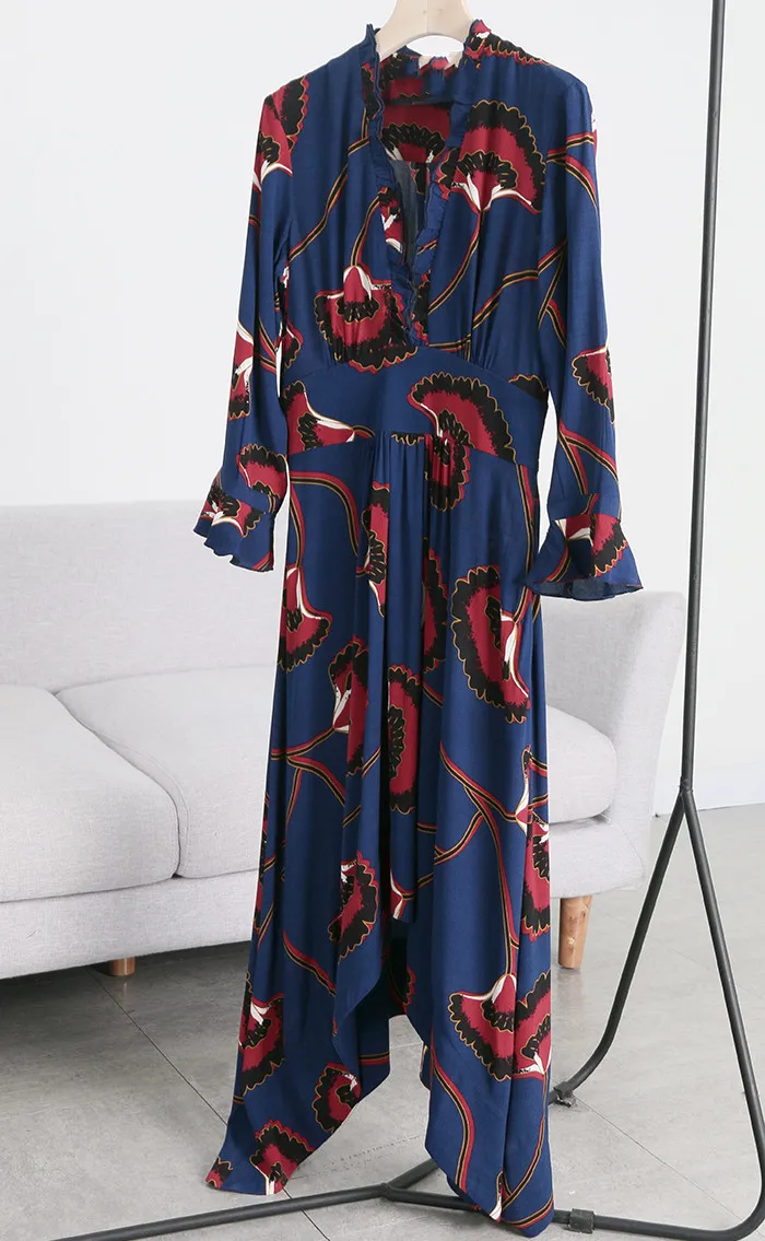 

Woman Dress 2019 Spring and Summer V-neck midi dress asymmetrical flounce hem French chic dress