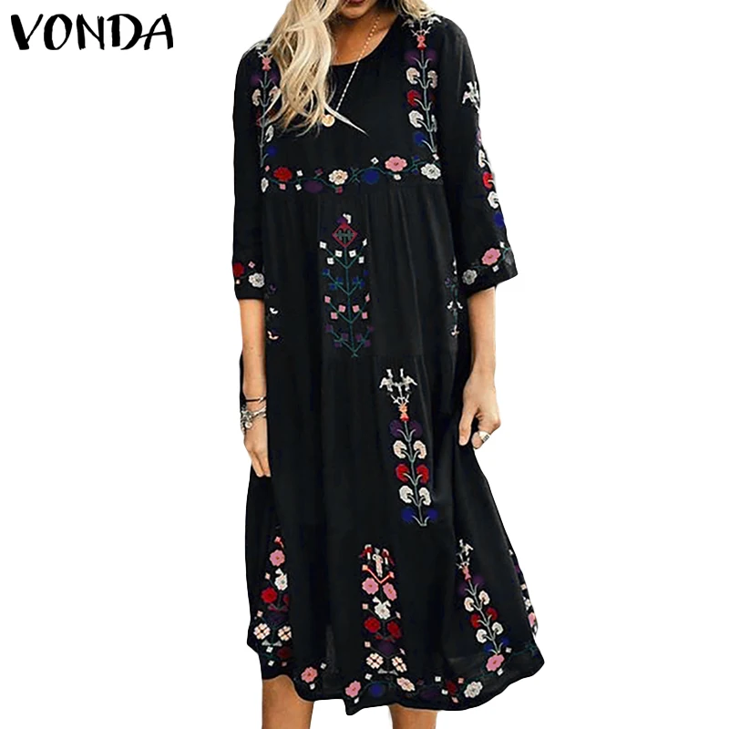 Bohemian Women Vintage Print Dress VONDA Sexy O Neck 3/4 Sleeve Maternity Dresses Plus Size Casual Loose Vestidos Femme