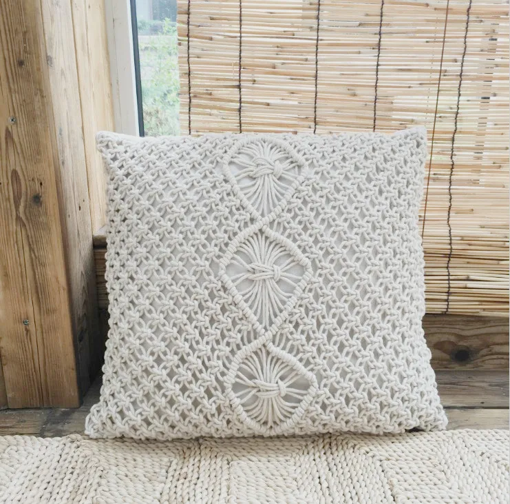 Beige Macrame Hand-woven Cotton Thread Pillow Cover 45x45cm Geometric Bohemia Home Decoration