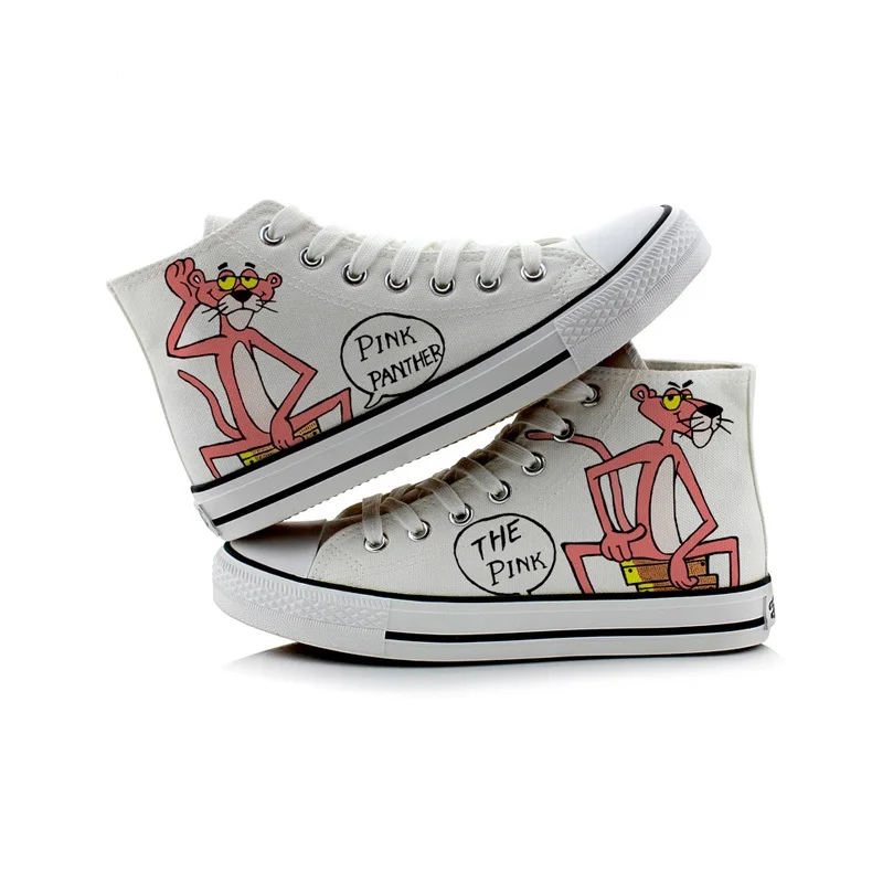 

Pink Panther Cartoon Hand-Painted Shoes Women High Canvas Shoes Three Desighs for Choose White Casual Sneakers