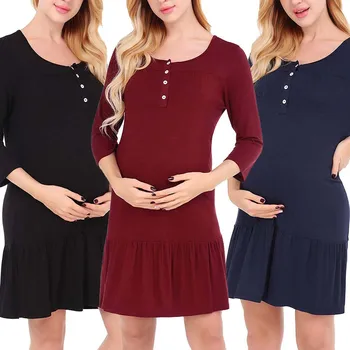 

Pregnancy Dress Women's Breastfeeding Button Round Neck Solid Dresses Robe Grossesse Maternity Summer Cotton Dress For Pregnant