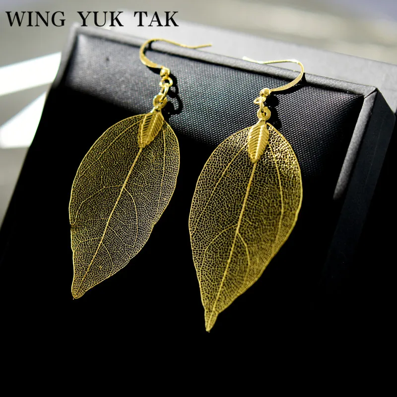 Wing yuk tak, топ модные уникальные, золотистого цвета, натуральные листья, висячие серьги для женщин, смелые серьги, винтажные вечерние ювелирные изделия
