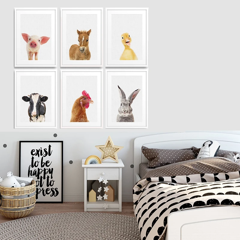 Nordic Wall Artกระต่ายวัวโปสเตอร์เด็กสัตว์ภาพวาดผ้าใบโมเดิร์นเนอสเซอรี่