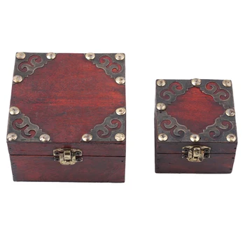 

2Pcs/Set Stylish Vintage Metal Lock Decorative Trinket Jewelry Storage Box Classical Wooden Treasure Case storage Box Organizer