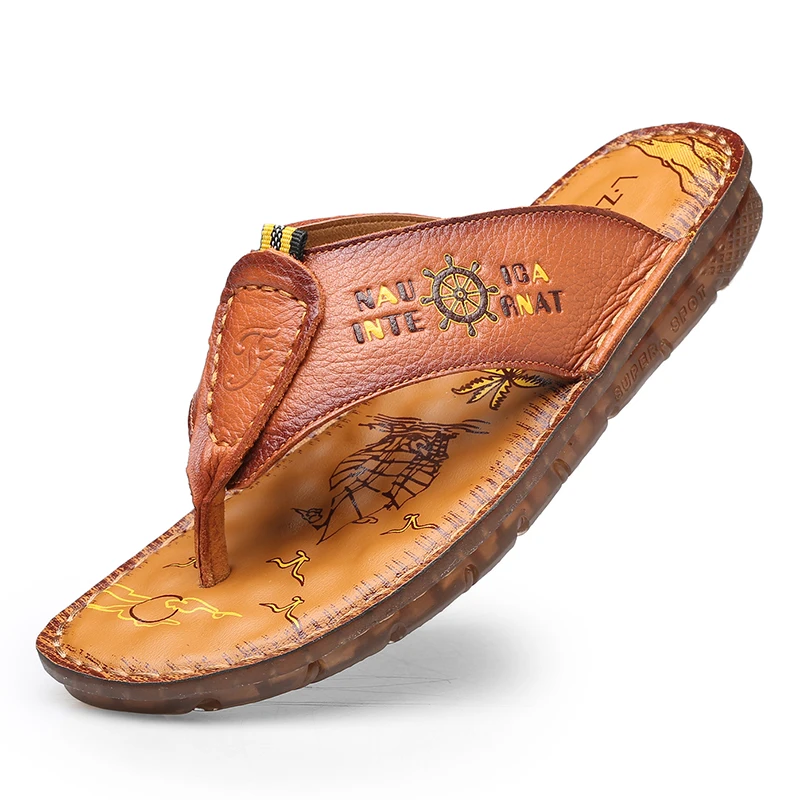 

2019 Men Flip Flops Sandals Summer Leather Cowhide Beach Sandals Male Toe Outdoor Men's Casual Shoes