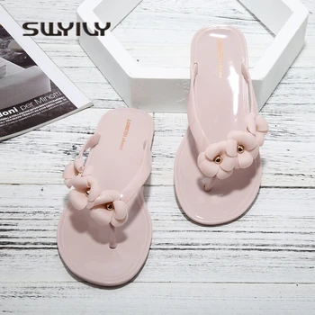 

SWYIVY Womens Slippers Flip Flops Jelly Shoes 2018 Camellia Flower Woman Beach Slipper Summer Woman Jelly Casual Shoes Flat 40