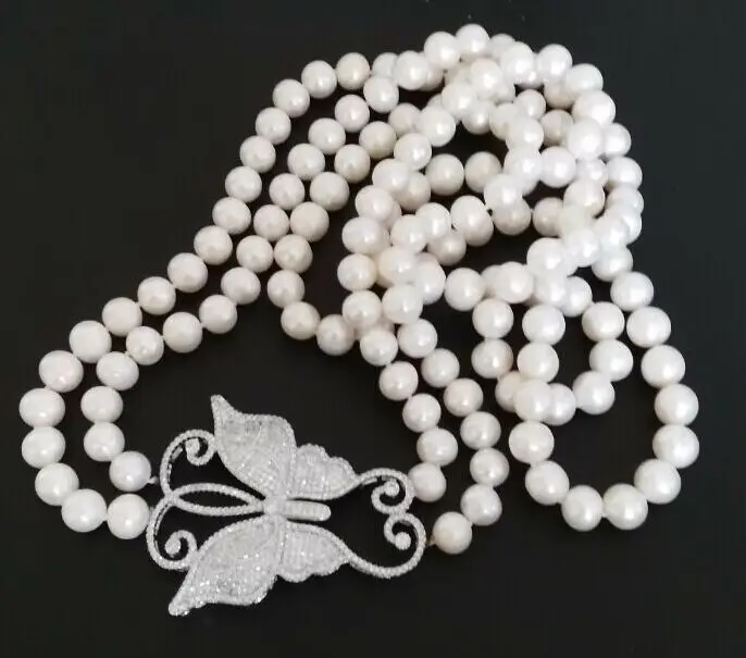 

new 9-10mm Natural south seas white pearl necklace 26-28inch butterfly clasp