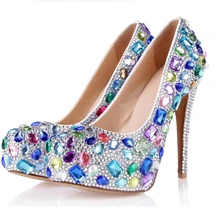 Blue Pink Yellow Multicolor Bling Wedding Bridal Shoes Platforms Round Toe Ladies Valentine Shoes Party Prom High Heel Shoes