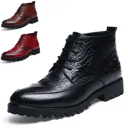 Новый Для мужчин реальные кожаные ботильоны официальная обувь крокодиловый принт на шнуровке Для мужчин s зимние сапоги ковбойские сапоги