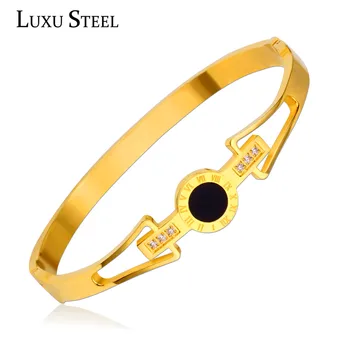 

LUXUSTEEL Stainless Steel Roman Numerals Black Color Shell Open Bracelets & Bangles For Women Jewelry Charm Crystal Bangle