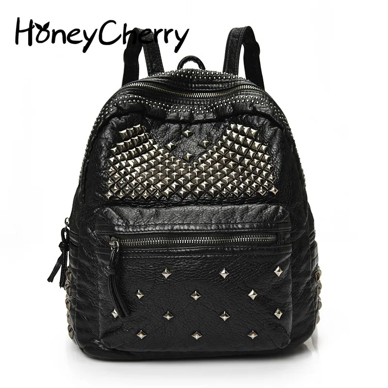 

The New Leather Shoulder Bag Rivet Female Korean Fashion Leisure Ladies Washed Leather Backpack Schoolbag