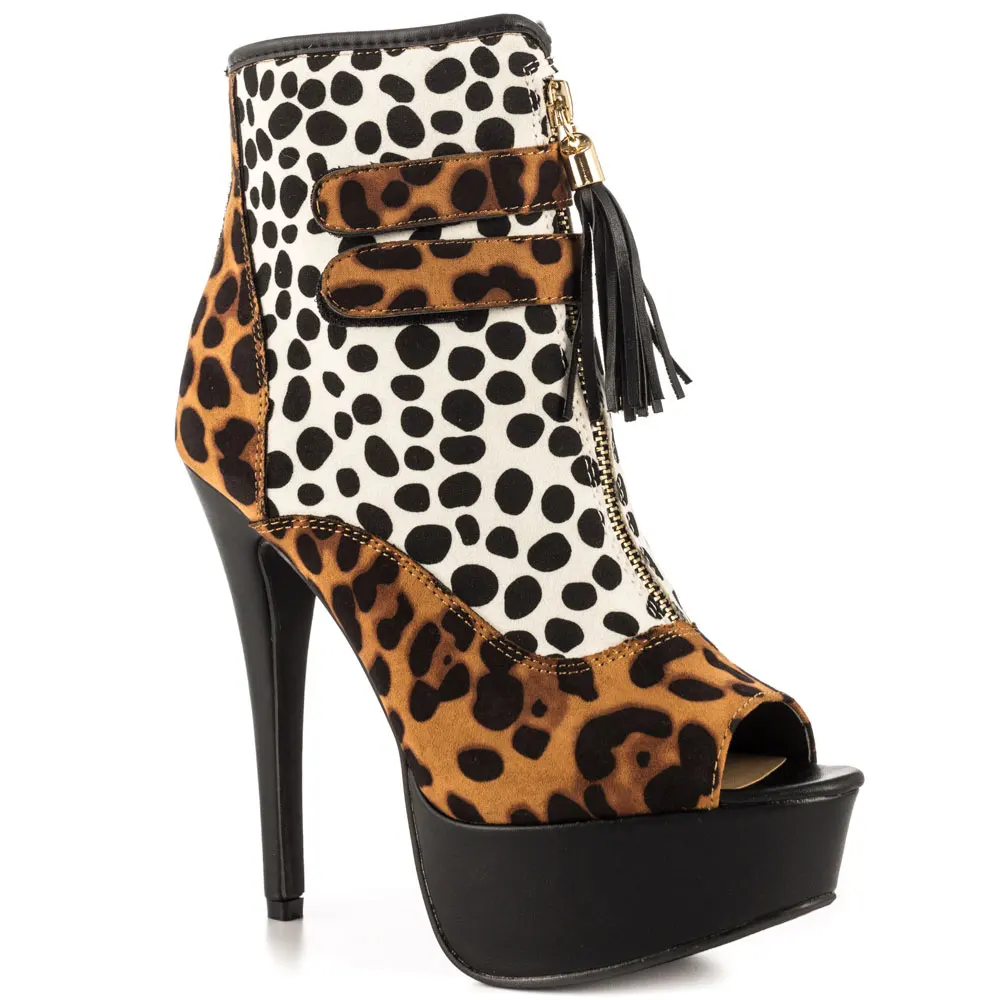 

Lepoard Peep Toe Dot Print Ankle High Boots For Women Back Zipper High Heeled Women Spring Boots Made-to-order Size Scarpe Donna
