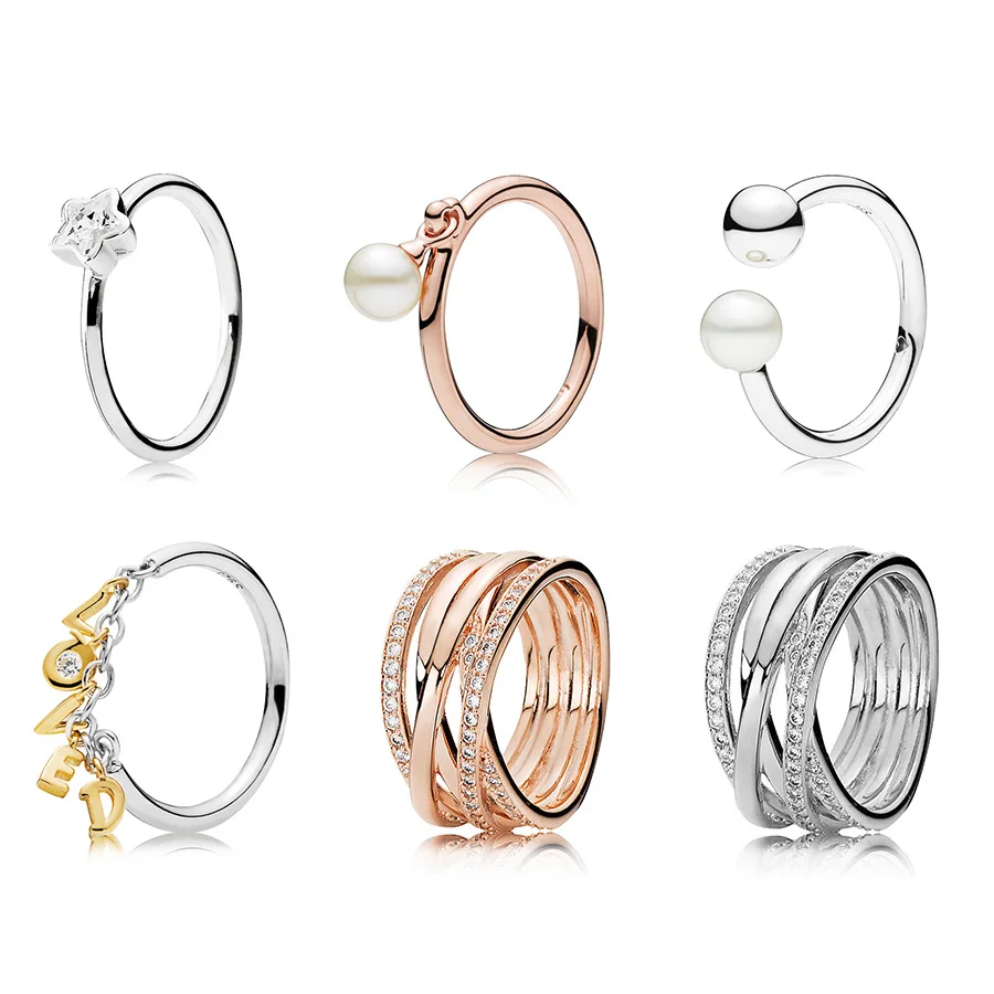 

6 Style Original 925 Silver Charms Diy Loved Stars Shape With Pearl Finger Ring Rose Gold For Women Fine Jewelry