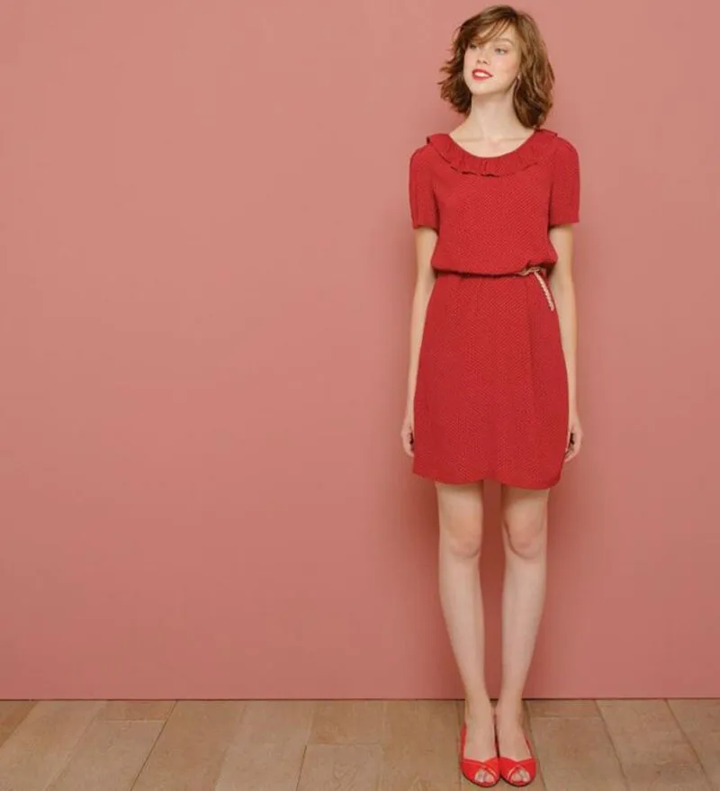 

Women Polka Dot Print Red Mini Dress Short Sleeve Frills Edged O Neck Robe Tornellia Pois Viscose Sweet Loose Dress