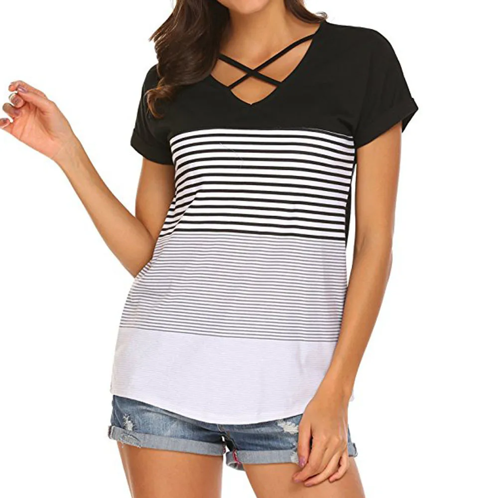 

Ladies Harajuku Summer Stripe Splice Short Sleeve Basic Shirt Women Blouse Fashion Top Woman Tee Tops Casual Female shirt 2019
