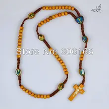 48 шт/лот светло-коричневые деревянные четки бусы ожерелье кулон в форме Креста с Иисусом ожерелье s дерево католический религиозный ювелирные изделия