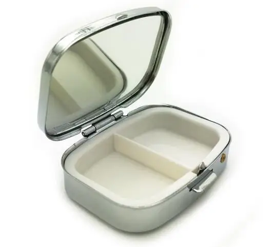 

Rectangle silver Metal Pill Boxes Organizer DIY Medicine Case Holder 2 Compartments with compact mirror