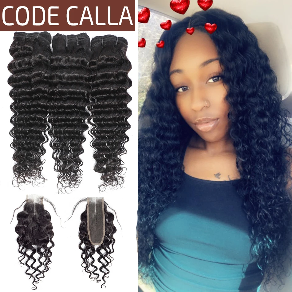 

Code Calla Deep Wave Indian Remy Salon Hair Bundles Weave Extensions Human Hair Bundles With 2X6 KIM K Lace Closure For Women