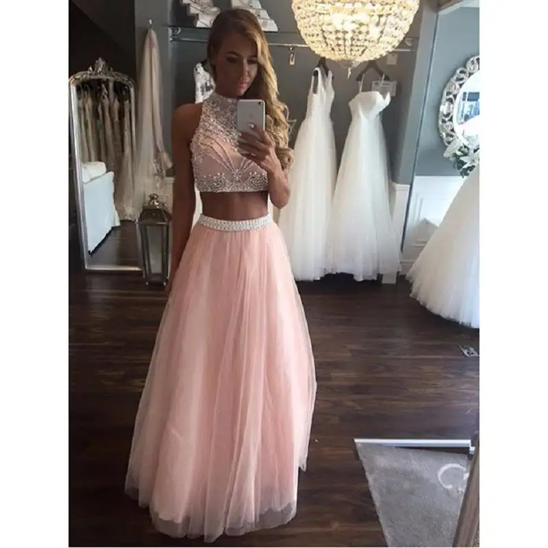 

Pink Sparkly Two Piece Prom Dresss 2020 Vestidos De Gala Beaded Crystal A Line Special Occasion Dress Formal Women Party Gowns
