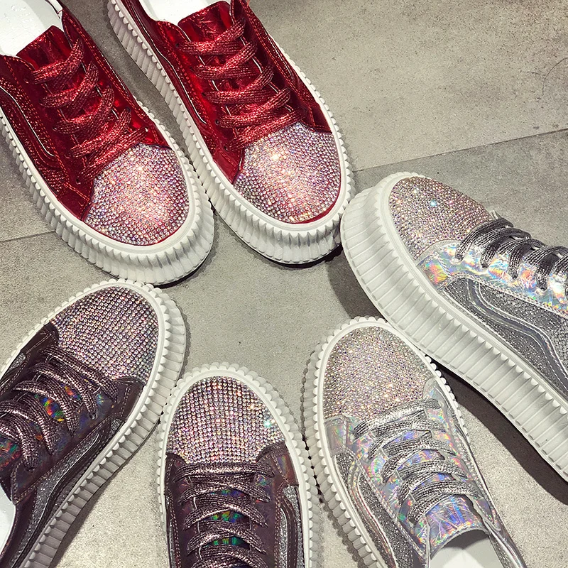 

2019 Women Shoes Woman High Top Sneakers Diamond Rivet Glitter High-Cut Zapatillas Mujer Girl Lady Outdoor Skateboard Shiny F133