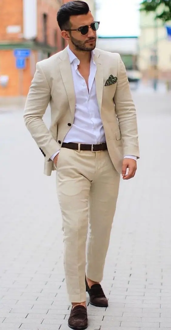 Us 82 79 8 Off Casual Linen Men Suit Slim Fit Street Style Party Prom Suit Fashion Summer Beach Wedding Suits For Men Ivory White Suit Men 2pcs In