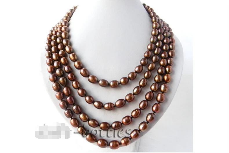 

>>>>4strands 9mm 19'' Coffee Rice Freshwater Pearl Necklace