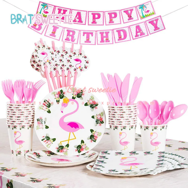 

Flamingo Party Birthday Plates Tablecloth Hawaiian Party Disposable Tableware Set Kids Theme Birthday Party Decorations Supplies