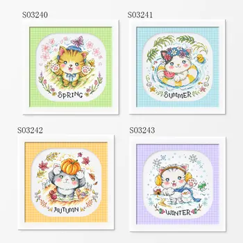 

Four season kitten spring summer autumn winter 14CT 11CT Counted and Stamped Home Decor Needlework cross stitch kits embroidery