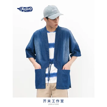 

SODA WATER 2018 Fashion Streetwear Mens Kimono Japanese Denim Shirt Hemp Plus Size Men Shirt Blue 8355S