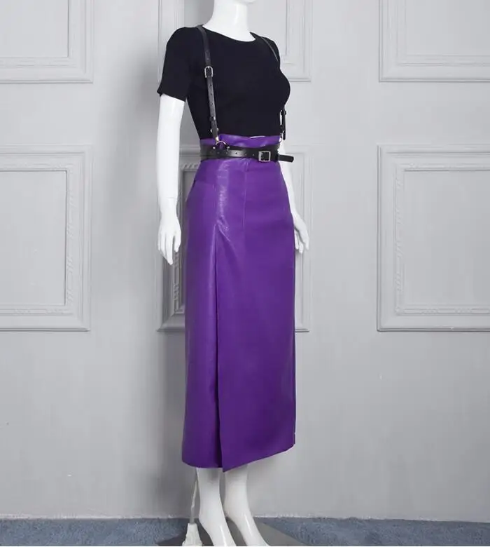 Purple Skirt Set LXUNYI осень модные Сплит Длинные кожаные юбки сексуальная высокая талия кожаная юбка женская фиолетовая элегантная женская юбка s m l - Цвет: Purple Skirt Set