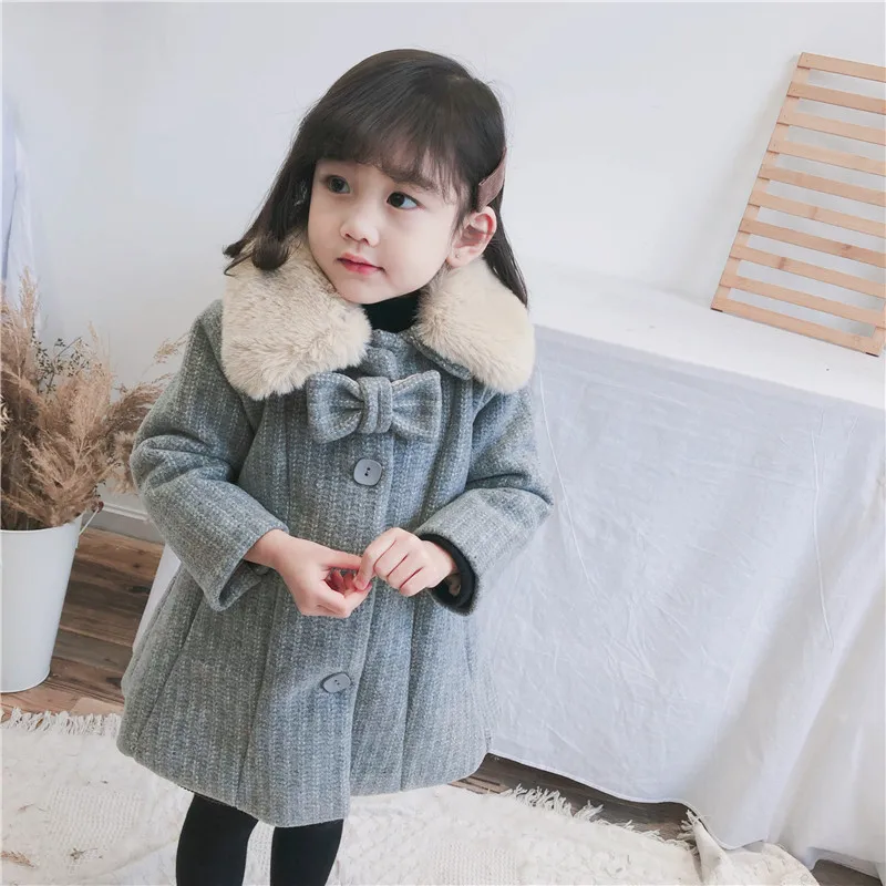 

DFXD Girls Wool Coat Winter Toddler Clothes Fahion Little Baby Long Gray Fur Collar Bowknot Princess Children Thicken Outwear