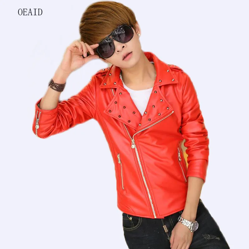 

Men's Motorcycle Leather Clothing Male Short Slim Stand Collar Rivet Casual Leather Jacket Men Coats Jackets Black Red White