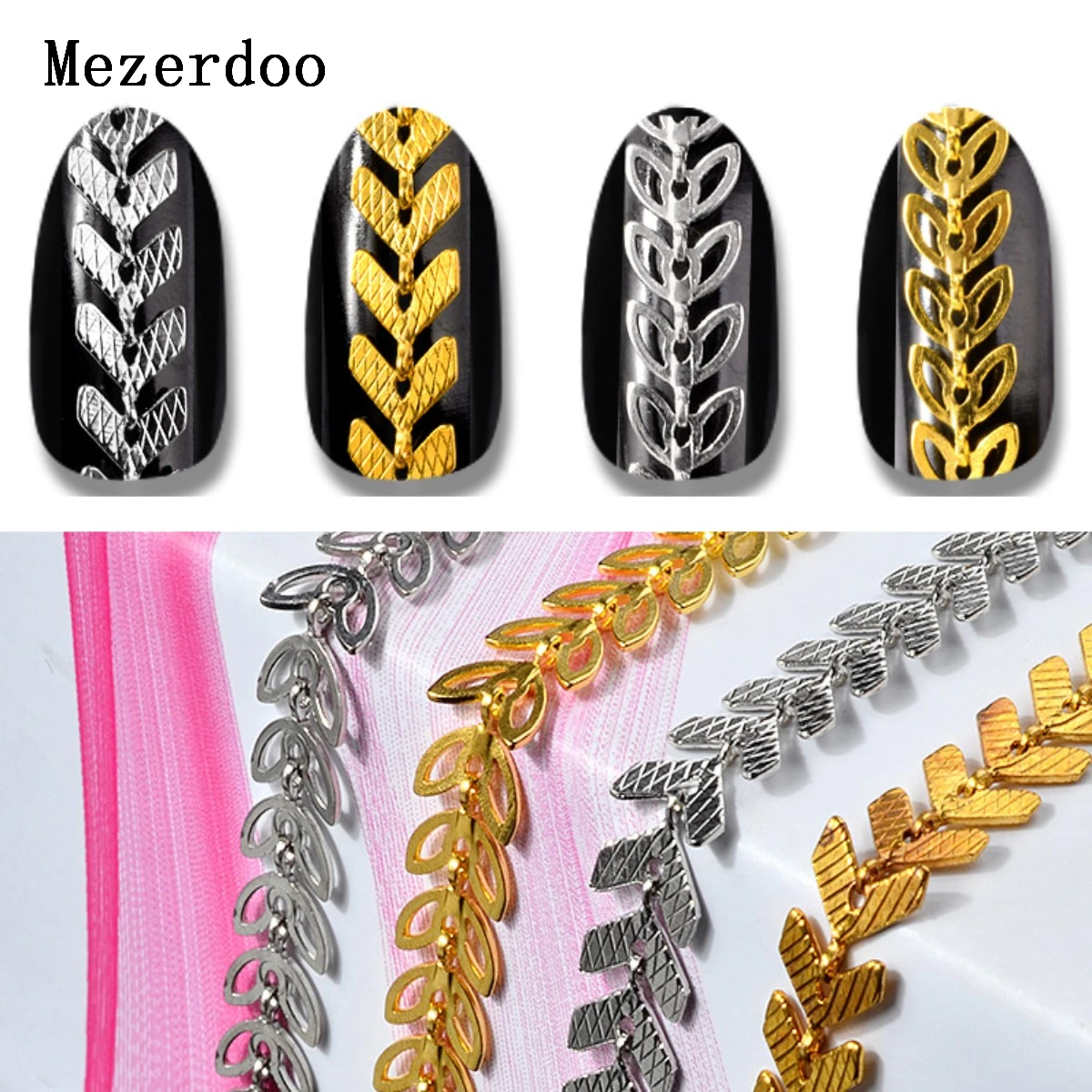 Silver Gold Alloy Chain Nail Art 20CM Bowknot Leaves Metallic Nails Art