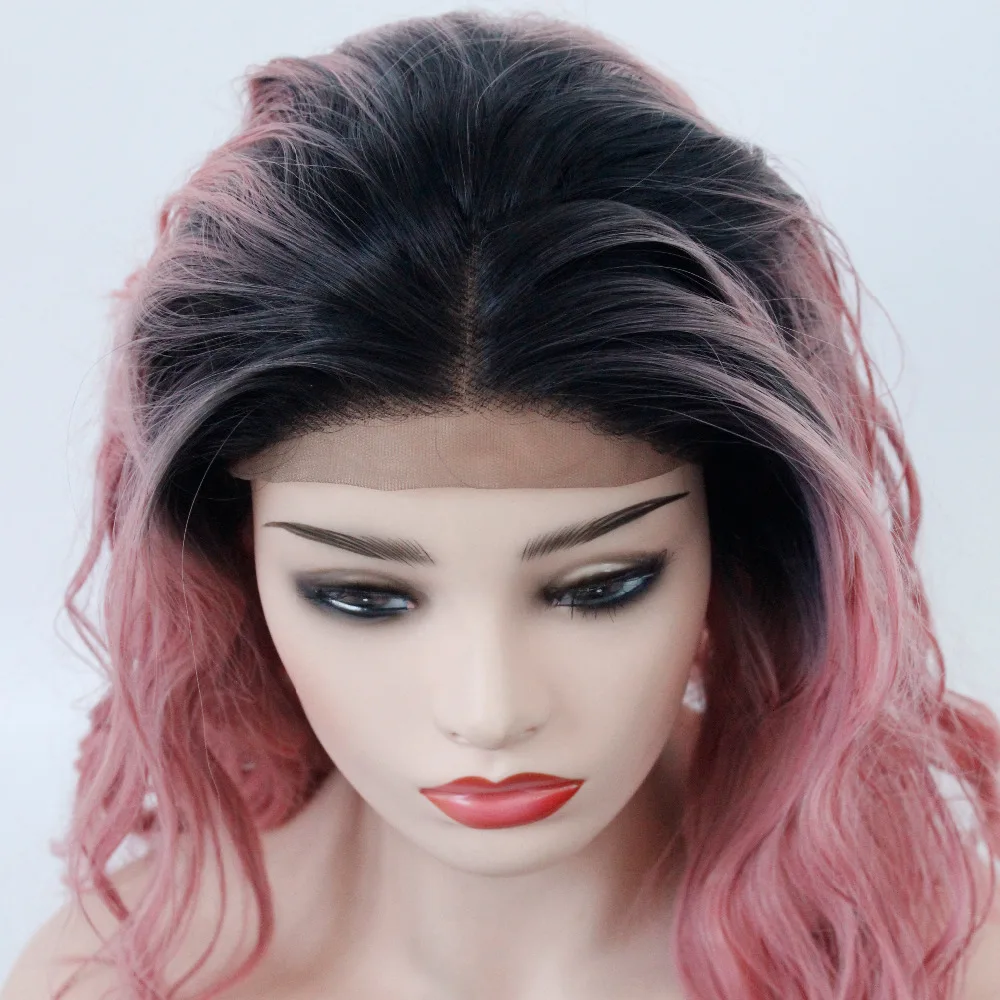 Peach Color Short Bob Synthetic Lace Front Wig Pastel Pink Ombre Black Roots Water Wave Heat Resistant Fiber Women Haircut Middle Part-8