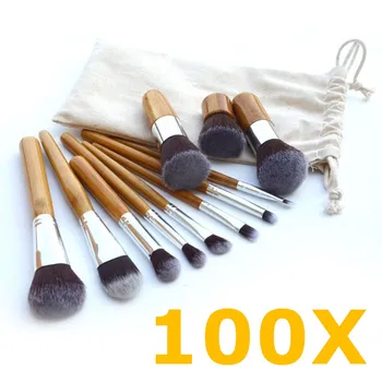 

100x !! Wholesale 11Pcs/set Professional Bamboo Makeup Brushes Cosmetic Foundation Powder Concealer Brush Blending Kit maquiagem