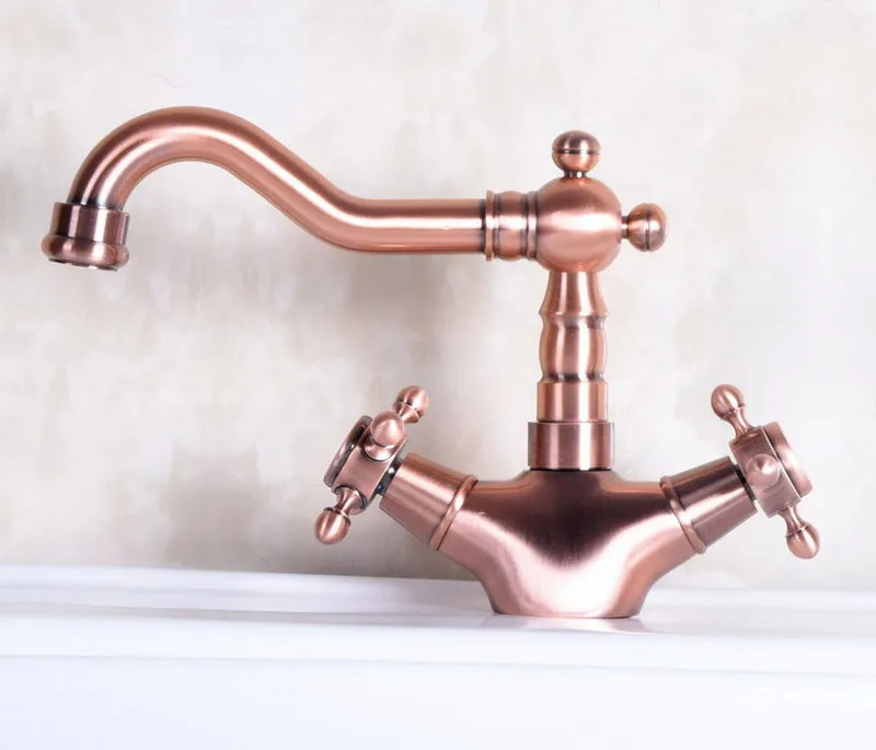 Antique Red Copper Brass Dual Cross Handles Bathroom Kitchen Basin Sink Faucet Mixer Tap Swivel Spout Deck Mounted mnf256