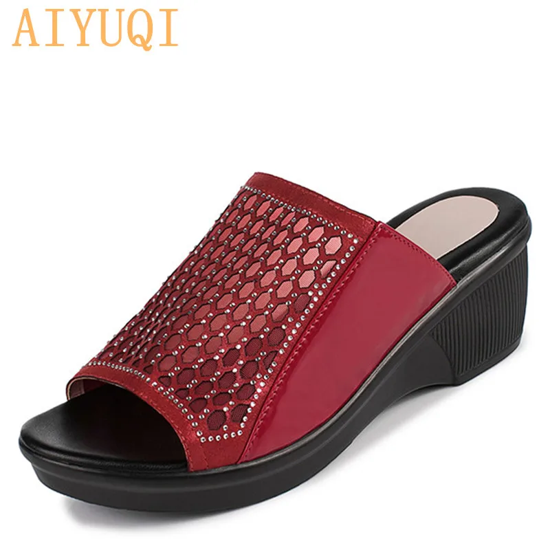 

AIYUQI Woman shoes supplier 2019 new summer shiny slippers women golden wedge sandals shoes big sizes rhinestone mother