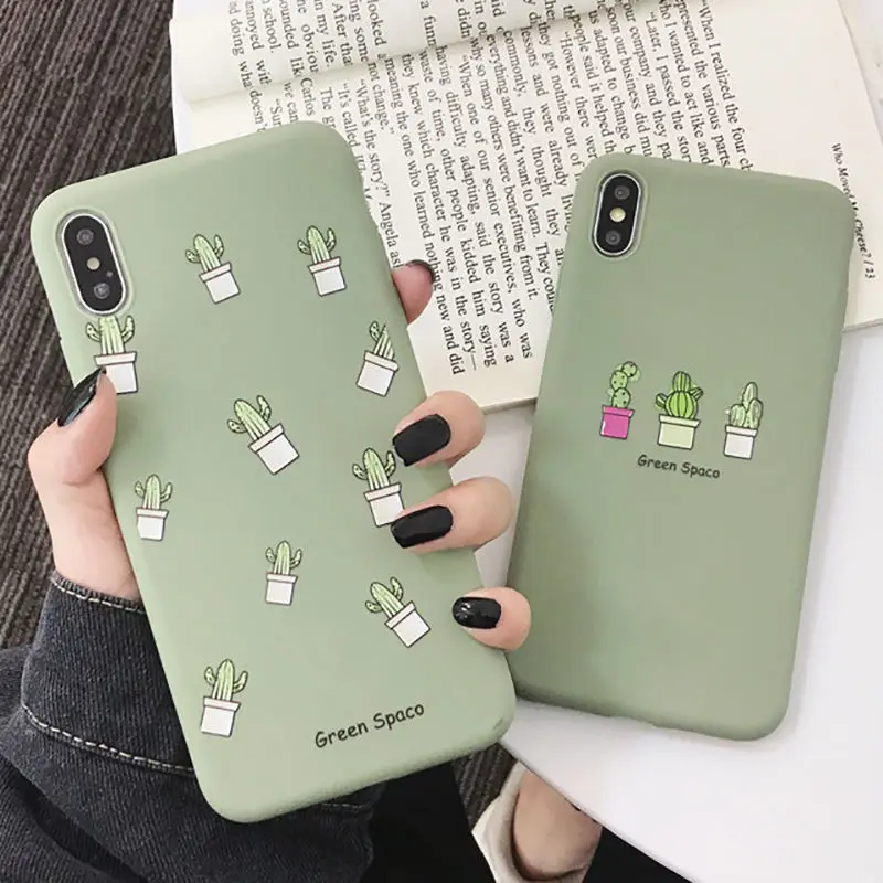

Cute Cactus Potted Plant Couple Case For iPhone X XS XS Max XR 6 6S 7 8 Plus Soft TPU Screen Protector Green Phone Cover Gift