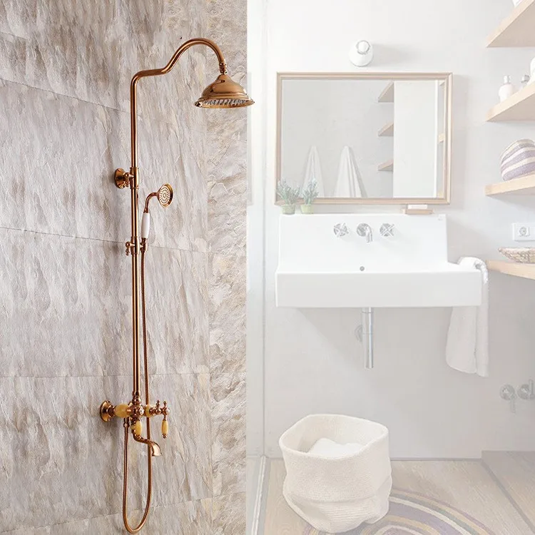 BrassNaturaljadeBathroomgoldshowerfaucetsetwithtopRainfall