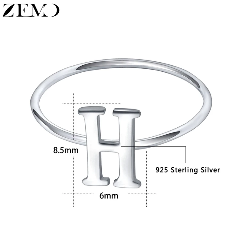 ZEMO, настоящее 925 пробы, серебряные кольца с буквами, A-Z кольца с буквами алфавита, оригинальное имя, очаровательные ювелирные изделия, Индивидуальные Кольца для женщин - Цвет основного камня: H
