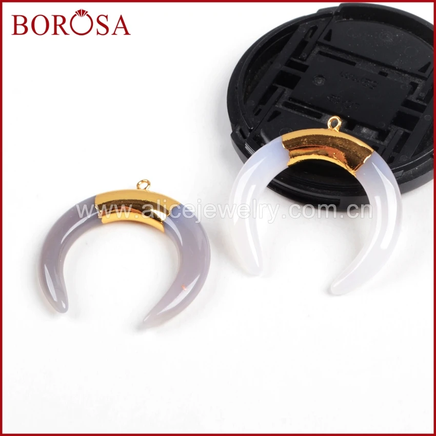 

BOROSA Fashion Gold Color Gray Crystal Druzy Crescent Horn Charm Pendant Beads for Women Jewelry High Quality G1173